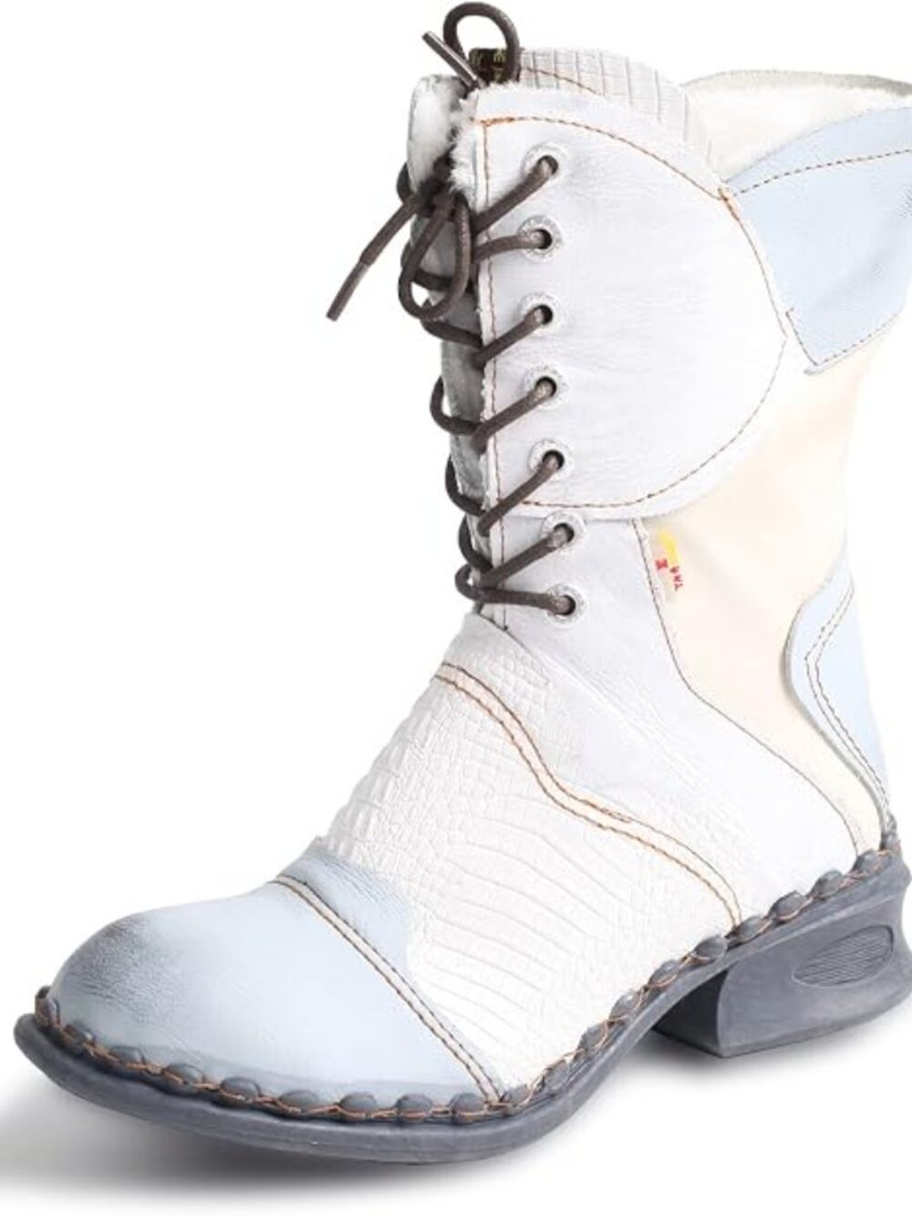 TMA EYES Croc-Embossed Leather Boots Women's Faux Fur Mid Calf Boots White SZ 6